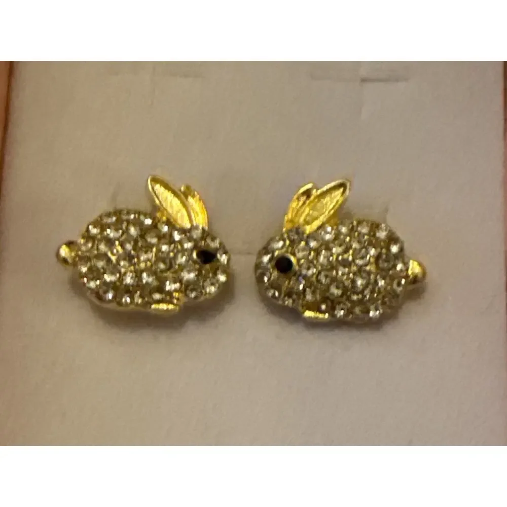 NWT Gold Elegant Rabbit Stud Earrings With Sparkly Rhinestones Easter